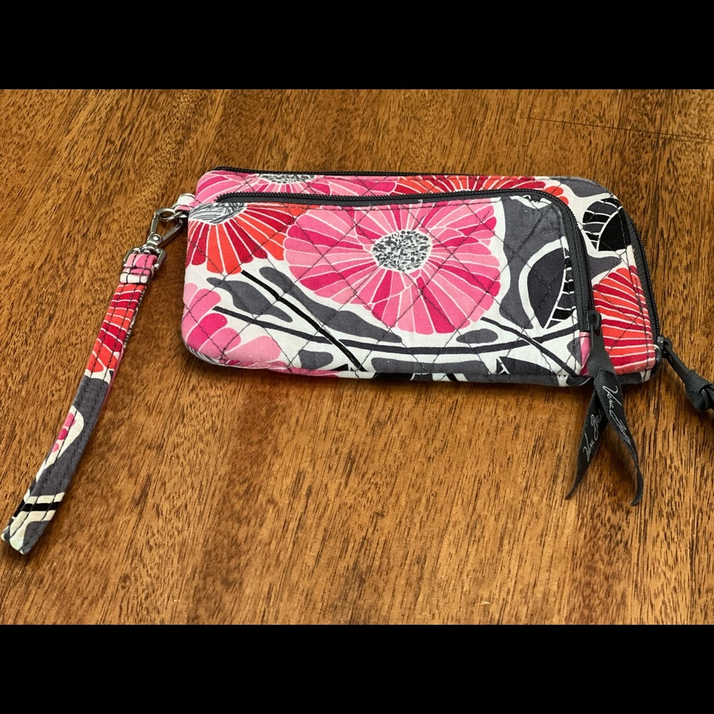 New Vera Bradley Cherry Blossom Zip Around Wallet ID Wristlet Gray Pink Cherry